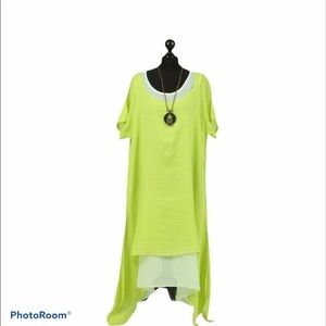 Dress 14-16 Lime White Linen Layered Summer Lightweight Summer Asymmetric
